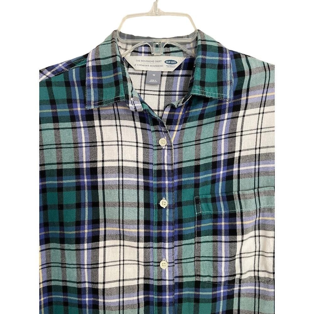 Old Navy Womens Plaid Boyfriend Shirt Long Sleeve Button Down Green Blue Size M